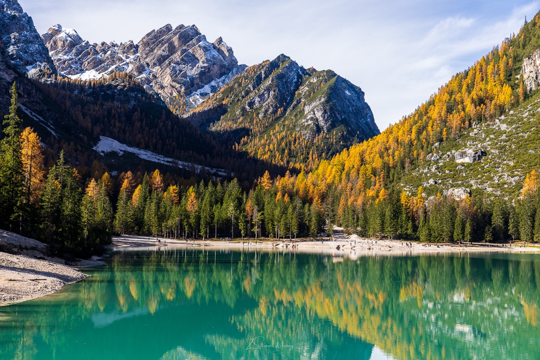 義大利多洛米堤｜Lago di Braies 布萊埃斯湖，黃綠靜謐的秋色倒影- ZS 旅行愛生活